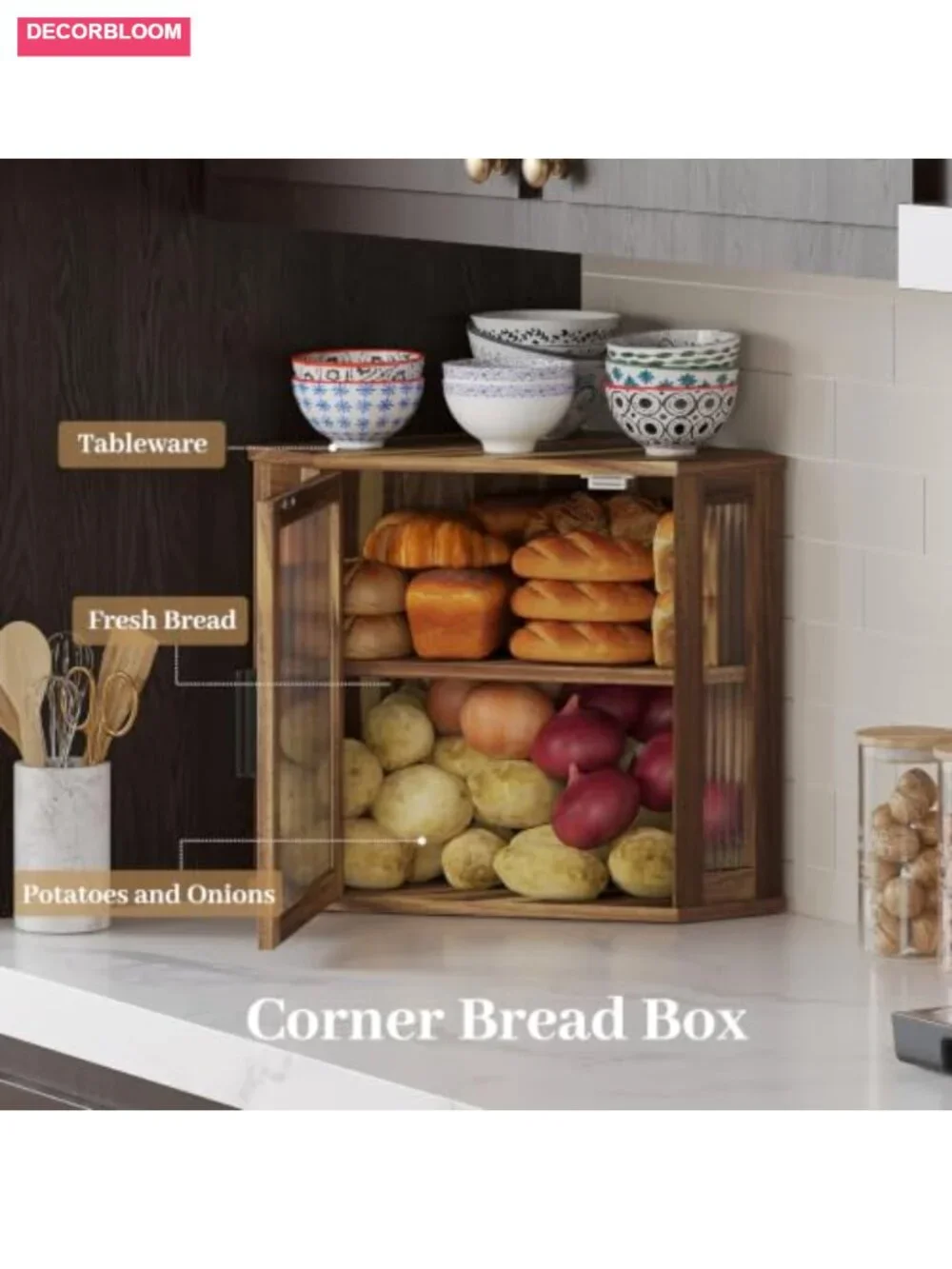 Acacia Wood Corner Bread Box for Kitchen Countertop, Large Capacity w/ Magnetic